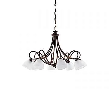 Lampadario 8 Luci Dallas BeLight Ferro Battuto Nero e Ruggine Vetro Bianco 